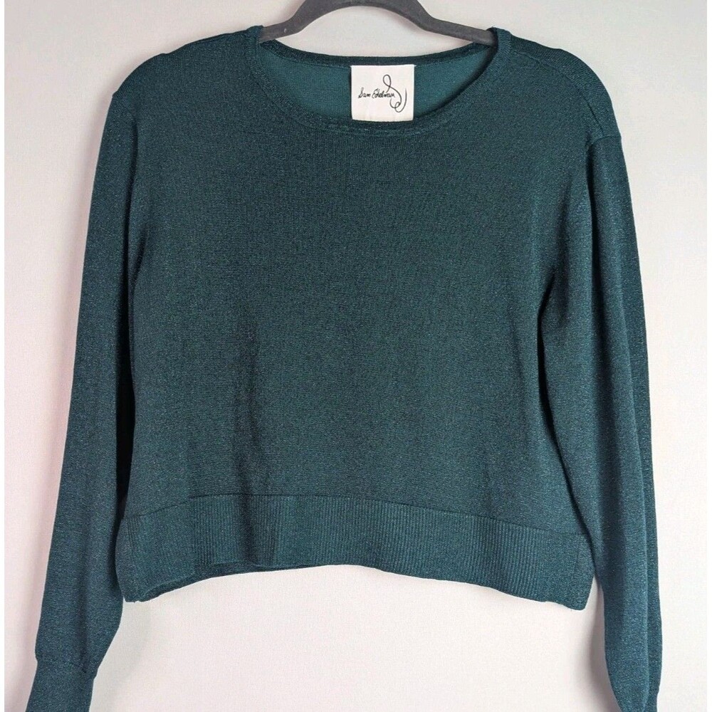 Sam Edelman Sweater Women's 6 Green Shimmer Cropped Comfort Knit Long Sleeve M